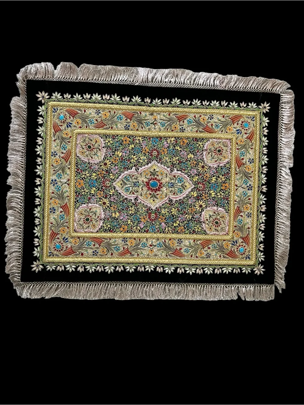 Esquisite Zardozi Style Metallic Embroidered Velvet Wall Tapestry Jeweled 20x25”